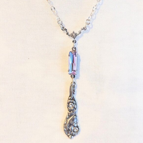 Artisian Statemen Silver Toned w/ Crystal & long "Peacock" like Pendant Necklace - Picture 1 of 4
